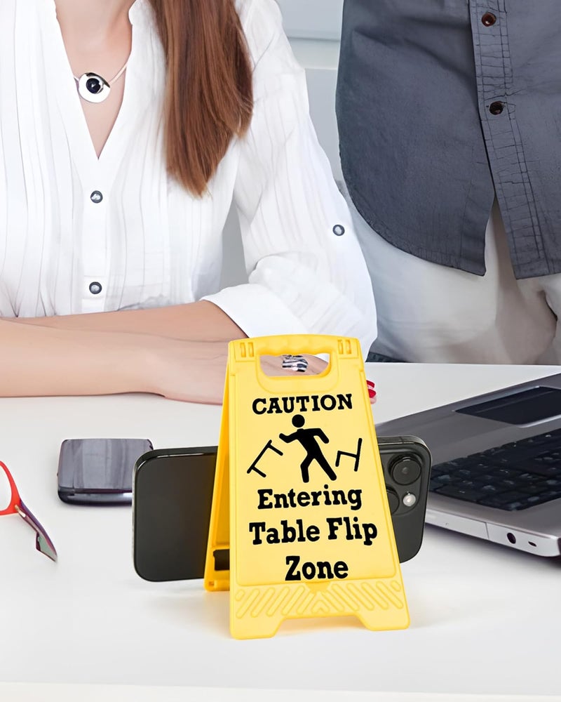 EXUBERIUM Caution Entering Table Flip Zone Office Decor Funny Sarcastic Reminder Desk Sign for Coworkers Satirical Team Office Decor Gifts Multi-functional Phone Holder Mirror Table Sign White Elephant Gifts - Image 4